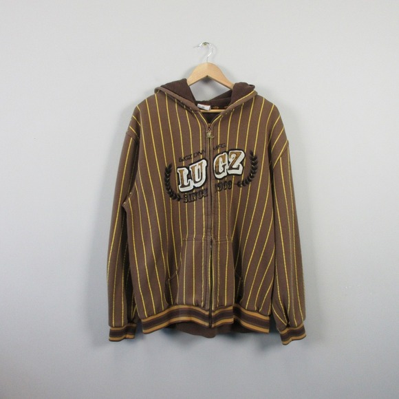 Vtg Y2K Lugz Denim Hoodie Men XL Brown Yellow Striped Logo Skater 1070 - Picture 1 of 16